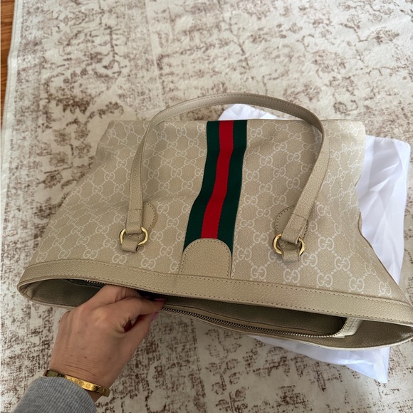 In- spired Beige Tote Bag with Red and Green Stripes - Picture 8 of 9